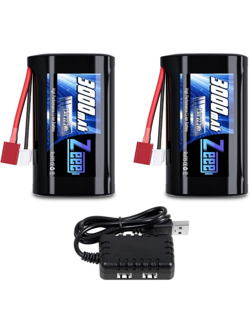 High-Capacity 3000mAh 7.4V Li-ion Battery with T Connector & Charger - Power Up!